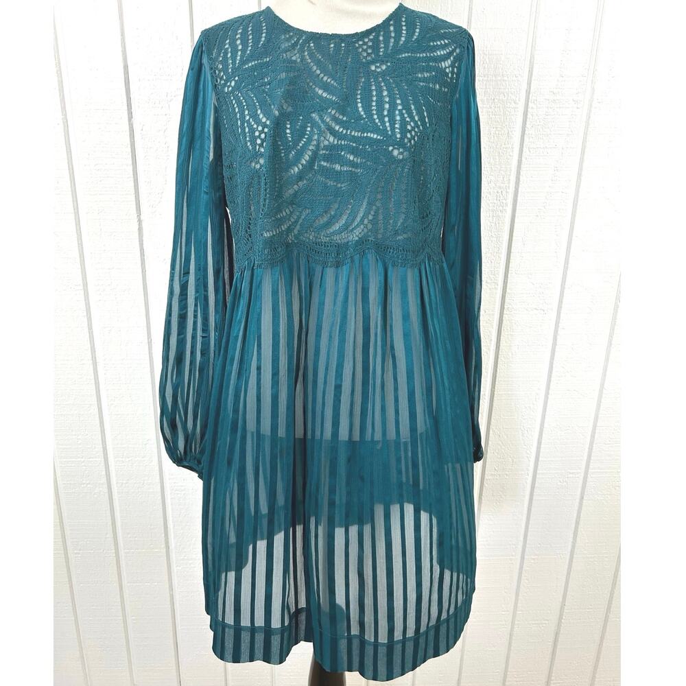 BCBG Maxazaria Teal Lace Sheer Stripe Babydoll Dress Long Sleeve S - Picture 9 of 9